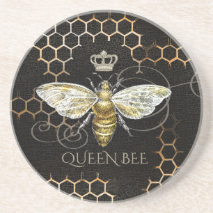 Vintage Queen Bee Royal Crown Black Coaster