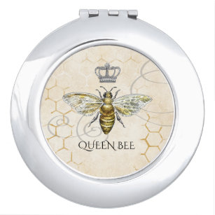 Vintage Queen Bee Royal Crown Honeycomb Beige Compact Mirror
