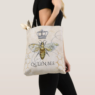 Vintage Queen Bee Royal Crown Honeycomb Beige Tote Bag