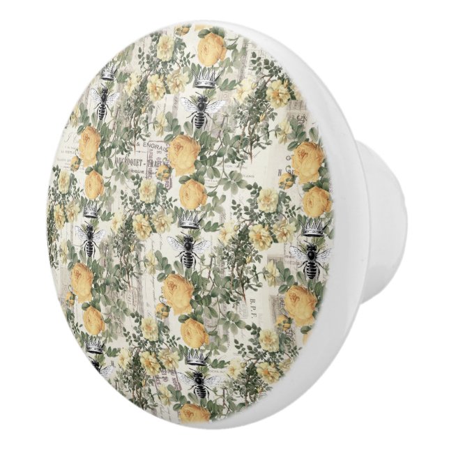 Vintage  Queen Bee & Yellow Roses Ceramic Knob (Right)