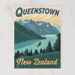 Vintage Queenstown New Zealand Adventure Postcard<br><div class="desc">This postcard features a dynamic vintage-style illustration of Queenstown, New Zealand, highlighting its adventurous spirit. It depicts a person bungee jumping or ziplining over a scenic gorge with a river, surrounded by lush evergreen trees and majestic mountains. The text "QUEENSTOWN New Zealand" is written vertically on the right and left...</div>