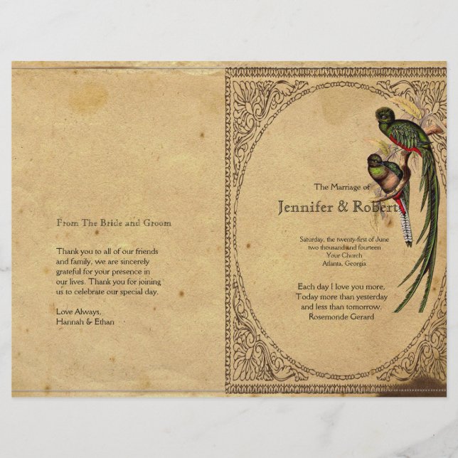 Vintage Quetzal Bird Elegant  Wedding Program (Front)