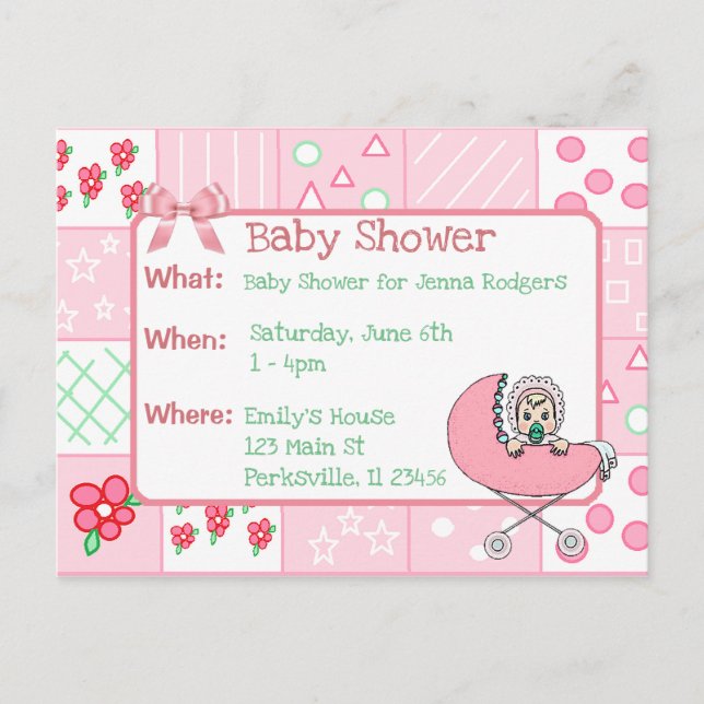 Vintage Quilt Pink Girl's Baby Shower Invitation Postcard (Front)