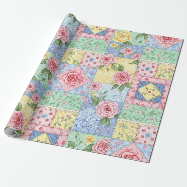 Vintage Quilt Rose Pattern Wrapping Paper (Unrolled)
