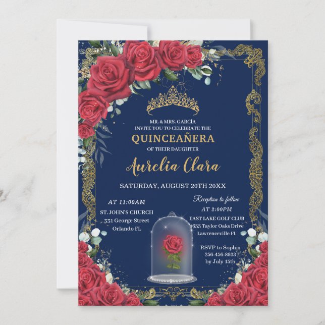 Vintage Quinceañera Enchanted Red Rose Navy Blue Invitation (Front)