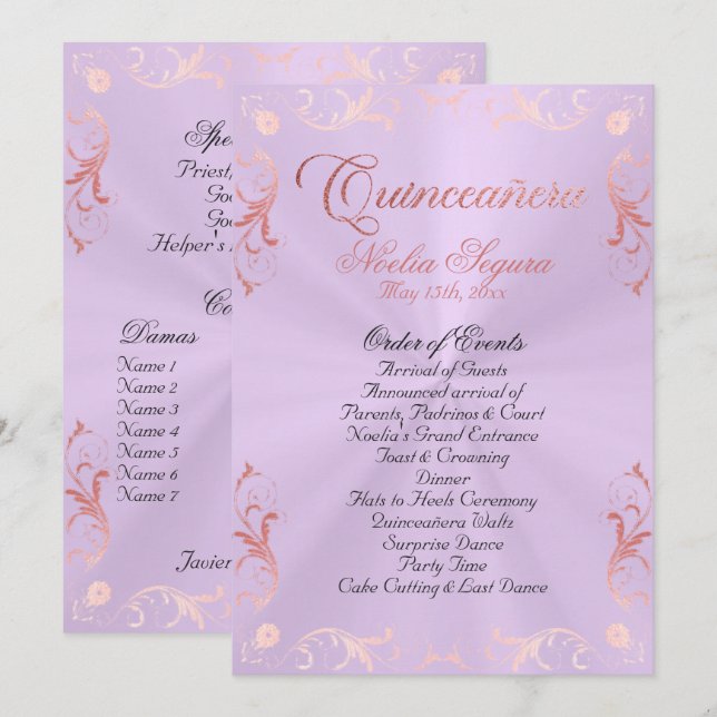 Vintage Quinceanera Program -Lavender/Rose Gold Programme (Front/Back)