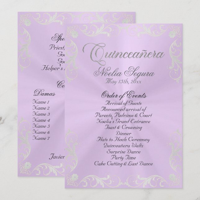 Vintage Quinceanera Program - Lavender/Silver Programme (Front/Back)