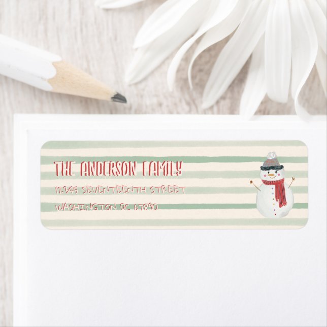 Vintage Quirky Snowman Christmas Address Striped (Insitu)