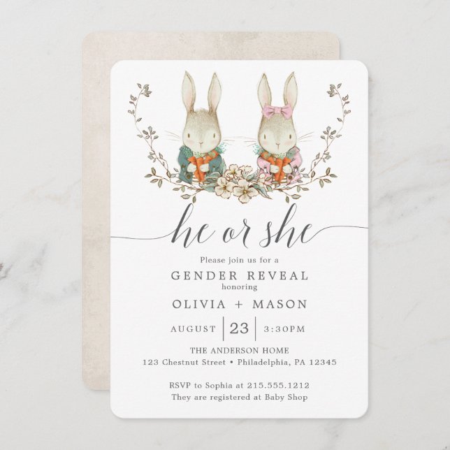 Vintage Rabbit Botanical Baby Gender Reveal Invitation (Front/Back)