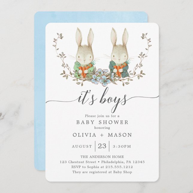 Vintage Rabbit Botanical Boy Baby Shower Blue Invitation (Front/Back)