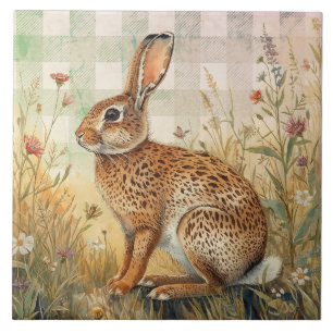 Vintage Rabbit Bunny,Flowers Garden,Chequered Art Tile