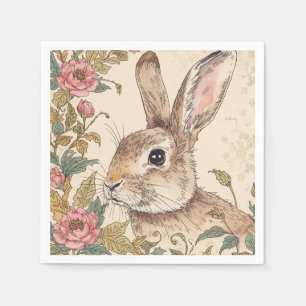 Vintage Rabbit, Cute Bunny Rabbit, Flowers Pattern Napkin