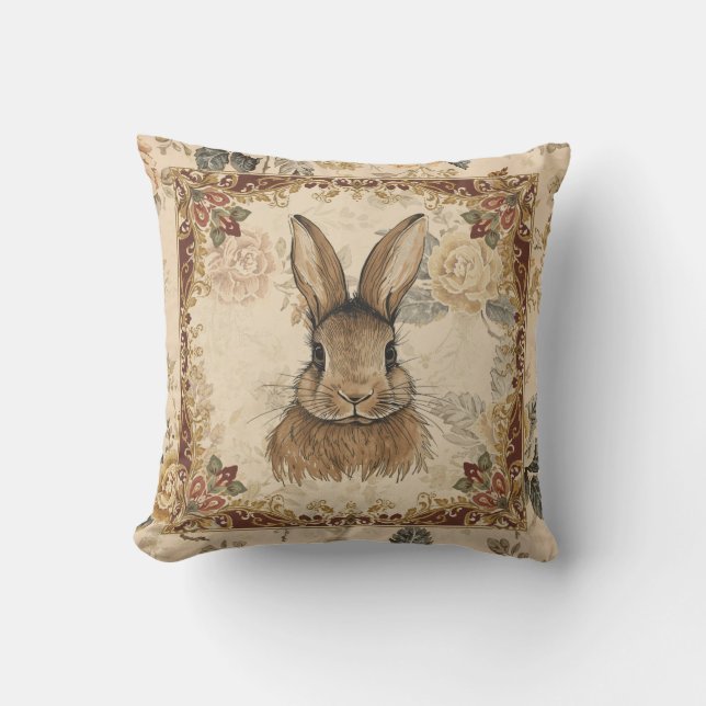 Vintage Rabbit,Cute Rabbit with Flowers Pattern Cushion (Front)