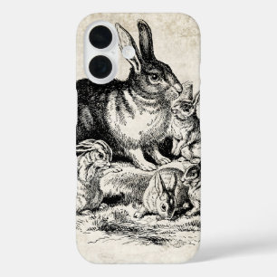 Vintage Rabbit Family Illustration, Baby Bunnies iPhone 16 Case