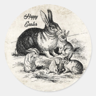 Vintage Rabbit Family Illustration, Baby Bunnies Classic Round Sticker
