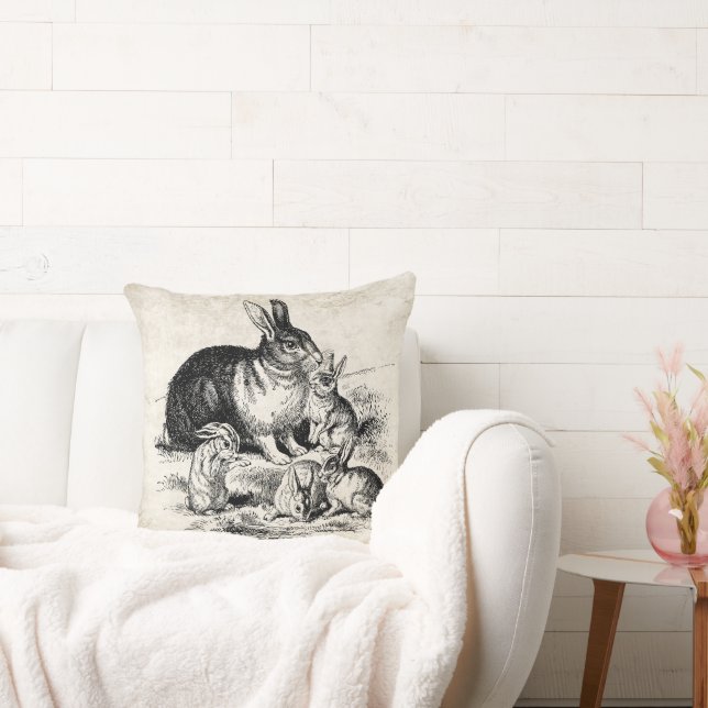Vintage Rabbit Family Illustration, Baby Bunnies Cushion (Couch)