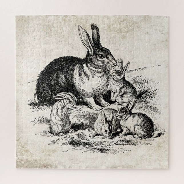 Vintage Rabbit Family Illustration, Baby Bunnies Jigsaw Puzzle (Vertical)