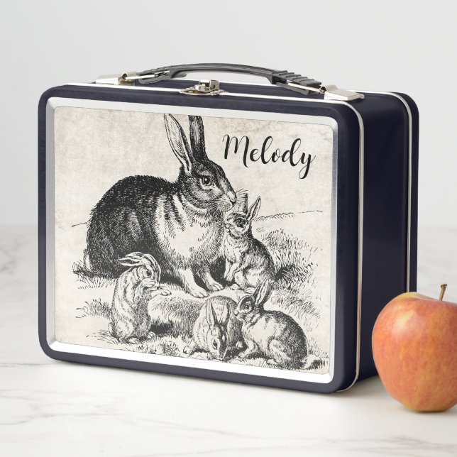 Vintage Rabbit Family Illustration, Baby Bunnies Metal Lunch Box (In Situ)
