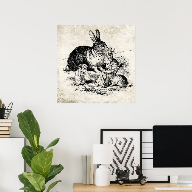Vintage Rabbit Family Illustration, Baby Bunnies Poster (Home Office)
