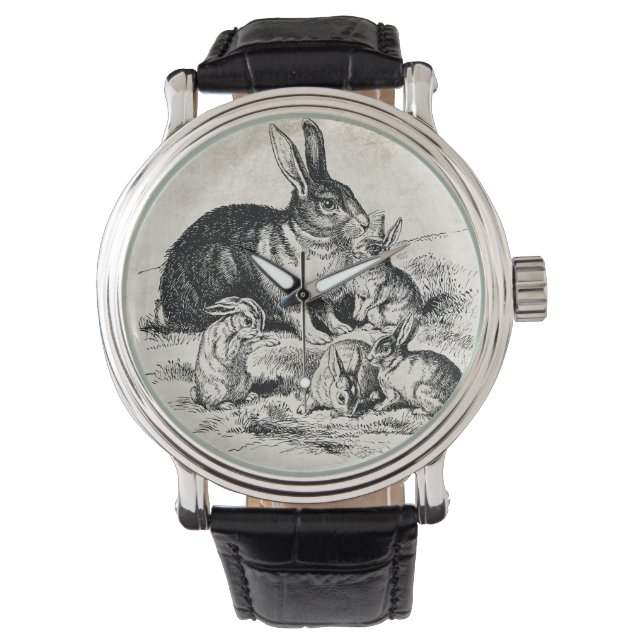 Vintage Rabbit Family Illustration, Baby Bunnies Watch (Front)