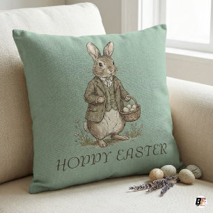 Vintage Rabbit Hoppy Easter Sage Green Farmhouse Cushion