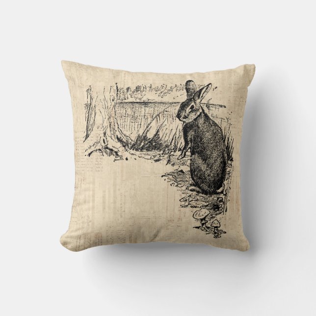 Vintage Rabbit Illustrated Bunny Art Cushion (Front)