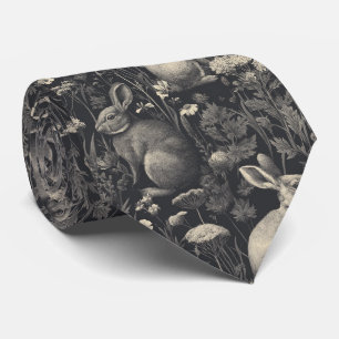 Vintage Rabbit Toile Black Botanical Pattern Tie