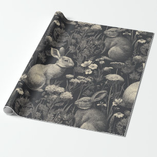 Vintage Rabbit Toile Black Botanical Pattern Wrapping Paper