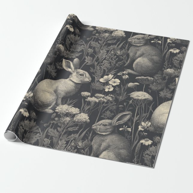 Vintage Rabbit Toile Black Botanical Pattern Wrapping Paper (Unrolled)
