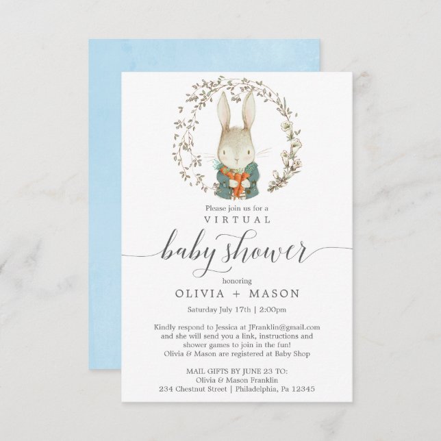 Vintage Rabbit Virtual Baby Shower Invitation Boy (Front/Back)