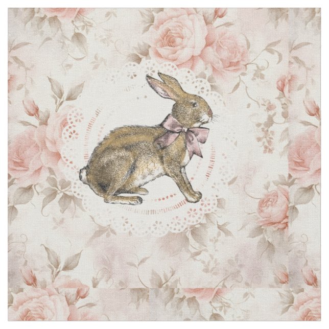 Vintage rabbit with roses and doilies fabric (Close Up)