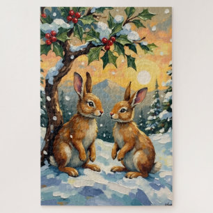 Vintage Rabbits Beneath the Holly Tree Christmas Jigsaw Puzzle