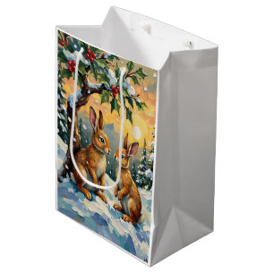 Vintage Rabbits Beneath the Holly Tree Christmas Medium Gift Bag