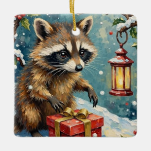 Vintage Raccoon Opening Christmas Gift Box Art Ceramic Ornament