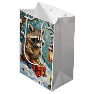 Vintage Raccoon Opening Christmas Gift Box Art Medium Gift Bag
