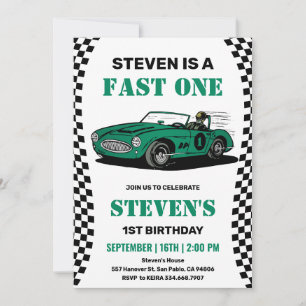Vintage Race Car Fast One 1st Birthday Invitation