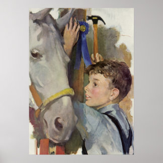 Vintage Race Horse, Blue Ribbon Winner with a Boy Poster