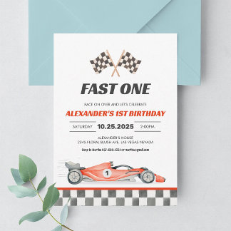 Vintage Racing Car Fast One 1st Birthday Invite