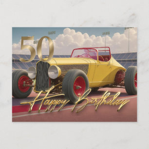 Vintage Racing car Happy 50th Postcard