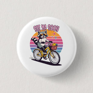 Vintage Racoon Biking See Ya Soon Retro Sunset 3 Cm Round Badge