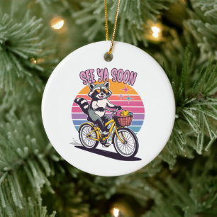 Vintage Racoon Biking See Ya Soon Retro Sunset Ceramic Tree Decoration