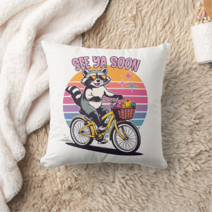 Vintage Racoon Biking See Ya Soon Retro Sunset Cushion