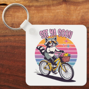 Vintage Racoon Biking See Ya Soon Retro Sunset Key Ring