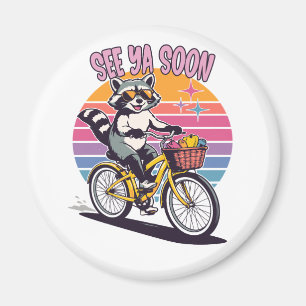 Vintage Racoon Biking See Ya Soon Retro Sunset Magnet