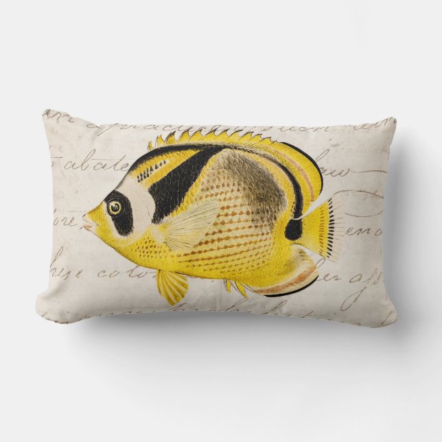 Vintage Racoon Butterfly Fish - Antique Hawaiian Lumbar Cushion (Front)