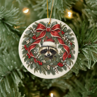 Vintage Racoon Christmas Wreath Ceramic Tree Decoration