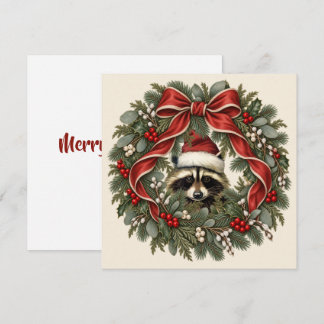 Vintage Racoon Christmas Wreath Holiday Card