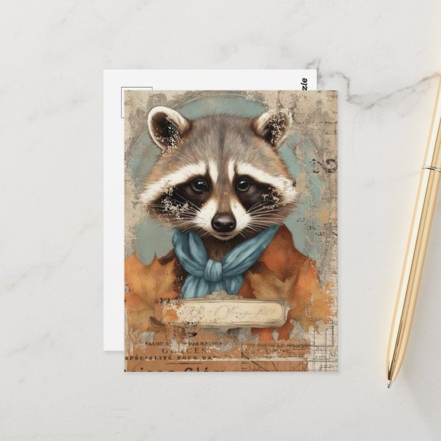 Vintage Racoon Collage Postcard (Front/Back In Situ)