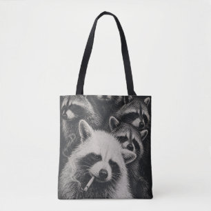 Vintage Racoon Family Black and White Tote Bag