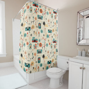 Vintage Radio Wildflower Cream Botanical Shower Curtain